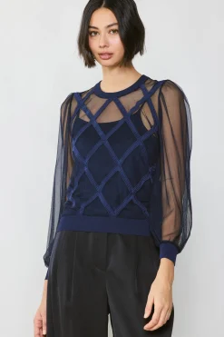 Best Sheer Crosshatch Cami-lined Top Women Long Sleeve Tops | Sweaters