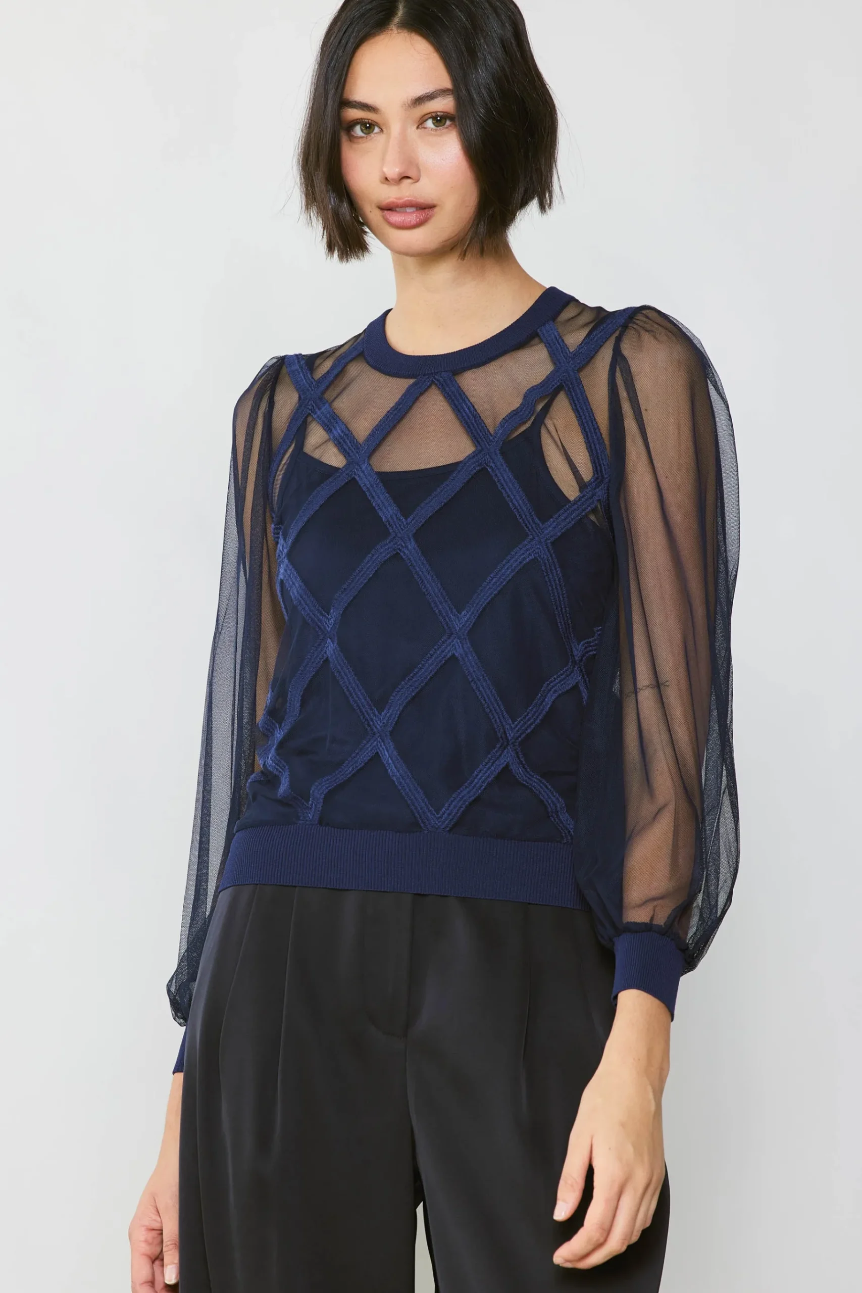 Best Sheer Crosshatch Cami-lined Top Women Long Sleeve Tops | Sweaters