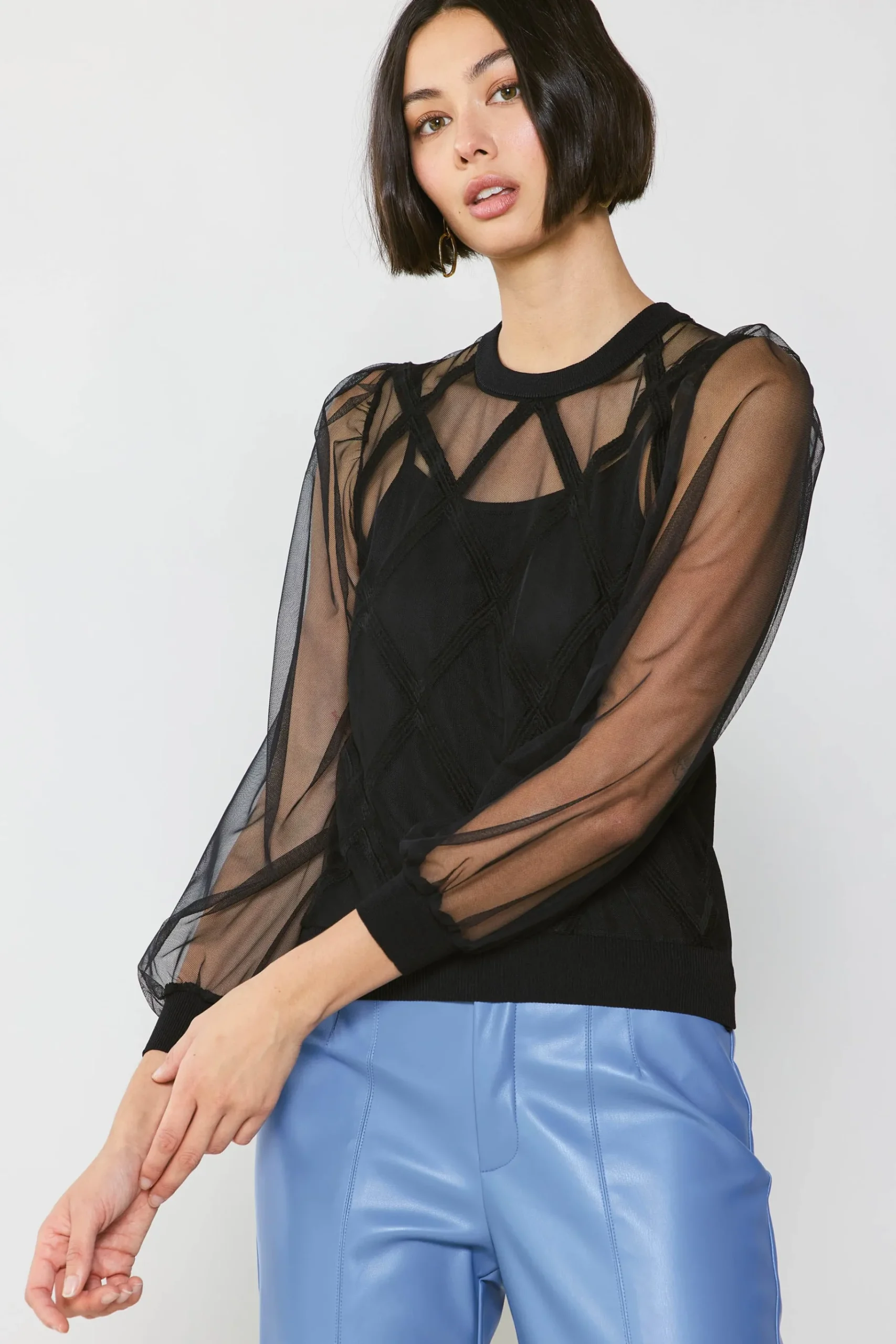 Online Sheer Crosshatch Cami-lined Top Women Long Sleeve Tops | Sweaters