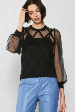 Online Sheer Crosshatch Cami-lined Top Women Long Sleeve Tops | Sweaters
