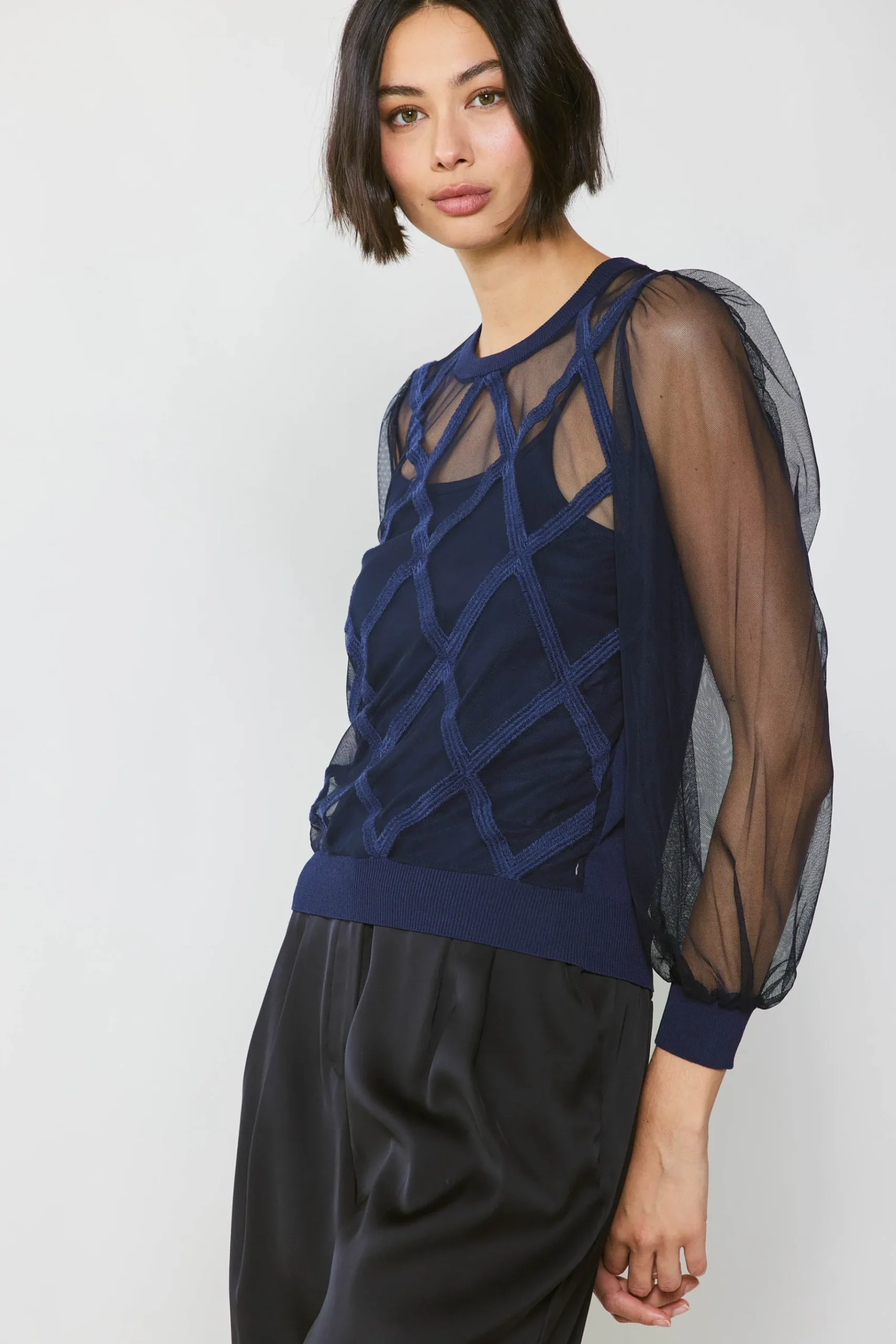 Best Sheer Crosshatch Cami-lined Top Women Long Sleeve Tops | Sweaters