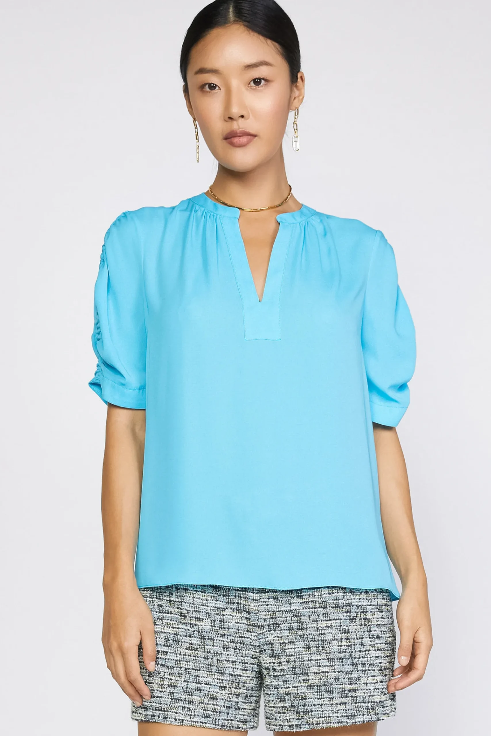 New Shirred Sleeve Blouse Women Short Sleeve Tops