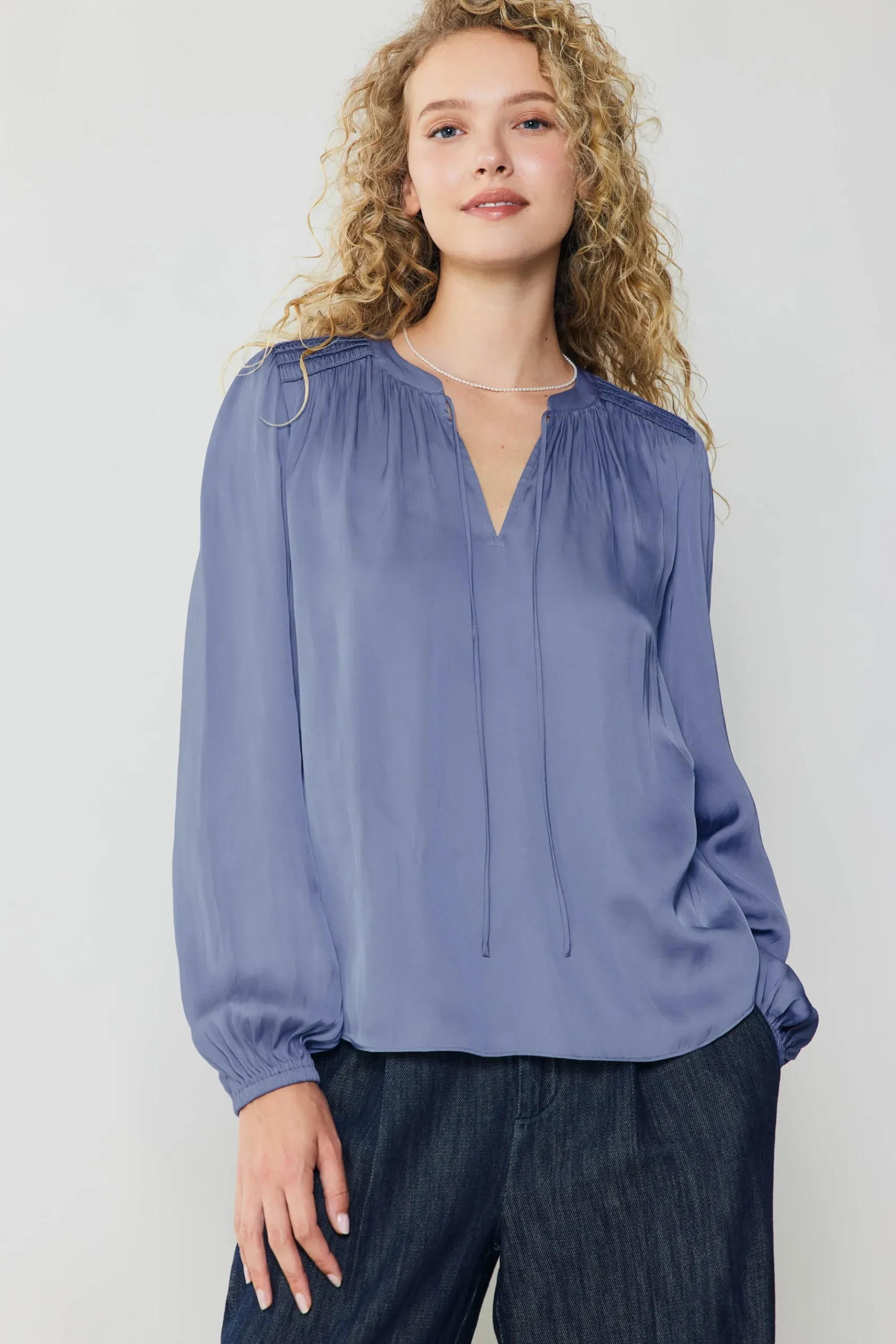 Fashion Shirred Yoke Blouse Women Long Sleeve Tops