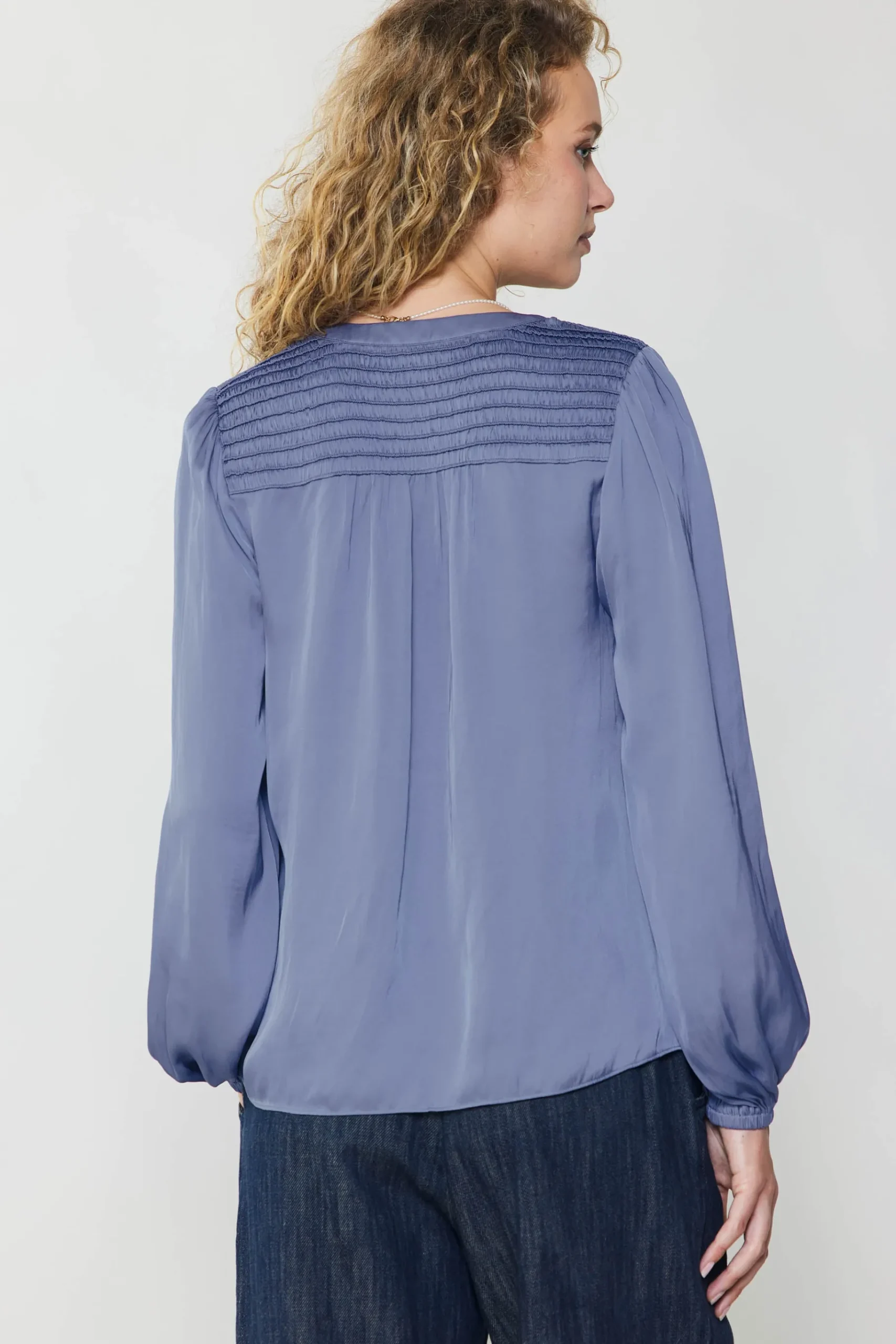 Fashion Shirred Yoke Blouse Women Long Sleeve Tops