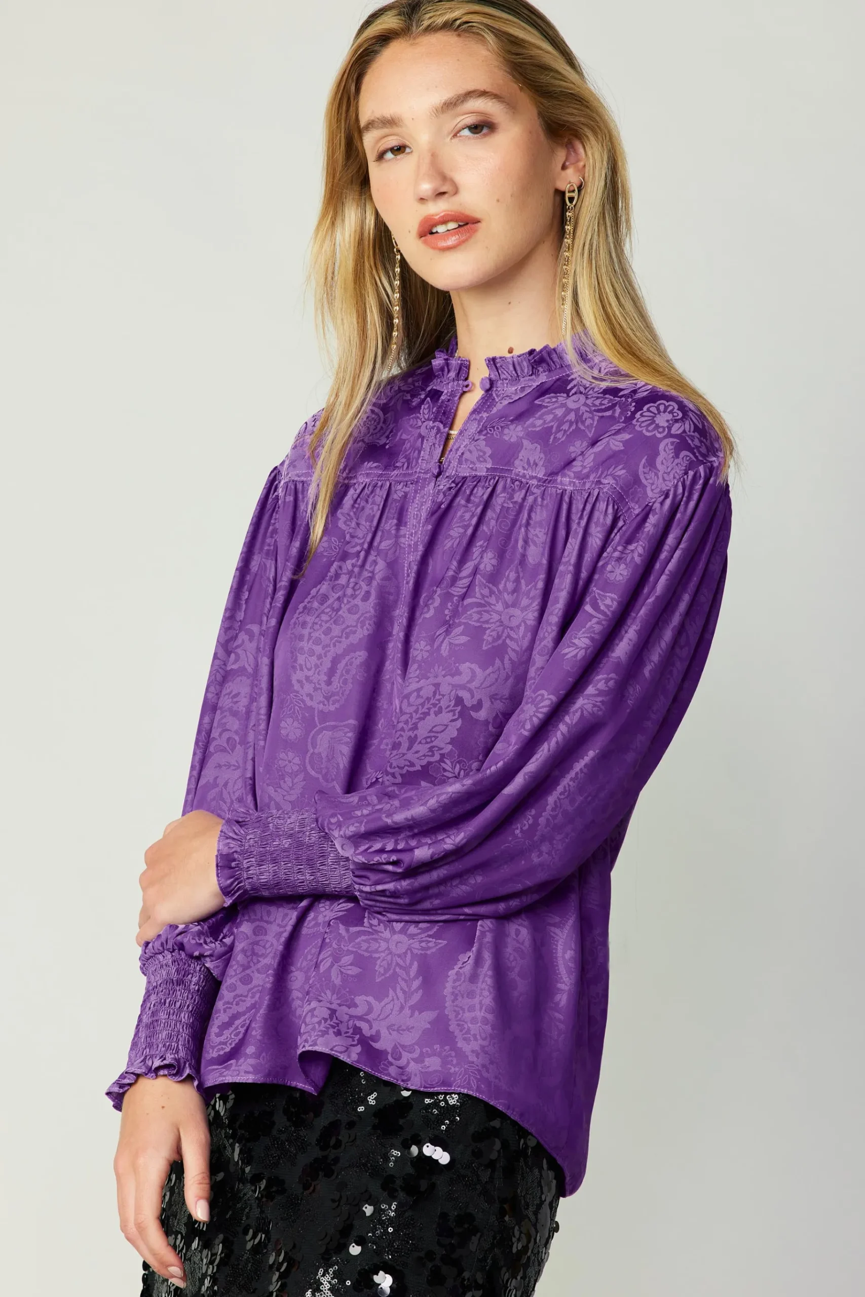 Hot Smocked Cuff Blouse Women Long Sleeve Tops