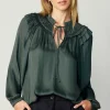 New Smocked Shoulder Blouse Women Long Sleeve Tops
