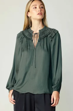 New Smocked Shoulder Blouse Women Long Sleeve Tops