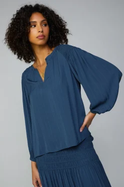 Clearance Smocked Shoulder Button Blouse Women Long Sleeve Tops