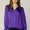 Discount Smocked Shoulder Cuffed Blouse Women Long Sleeve Tops