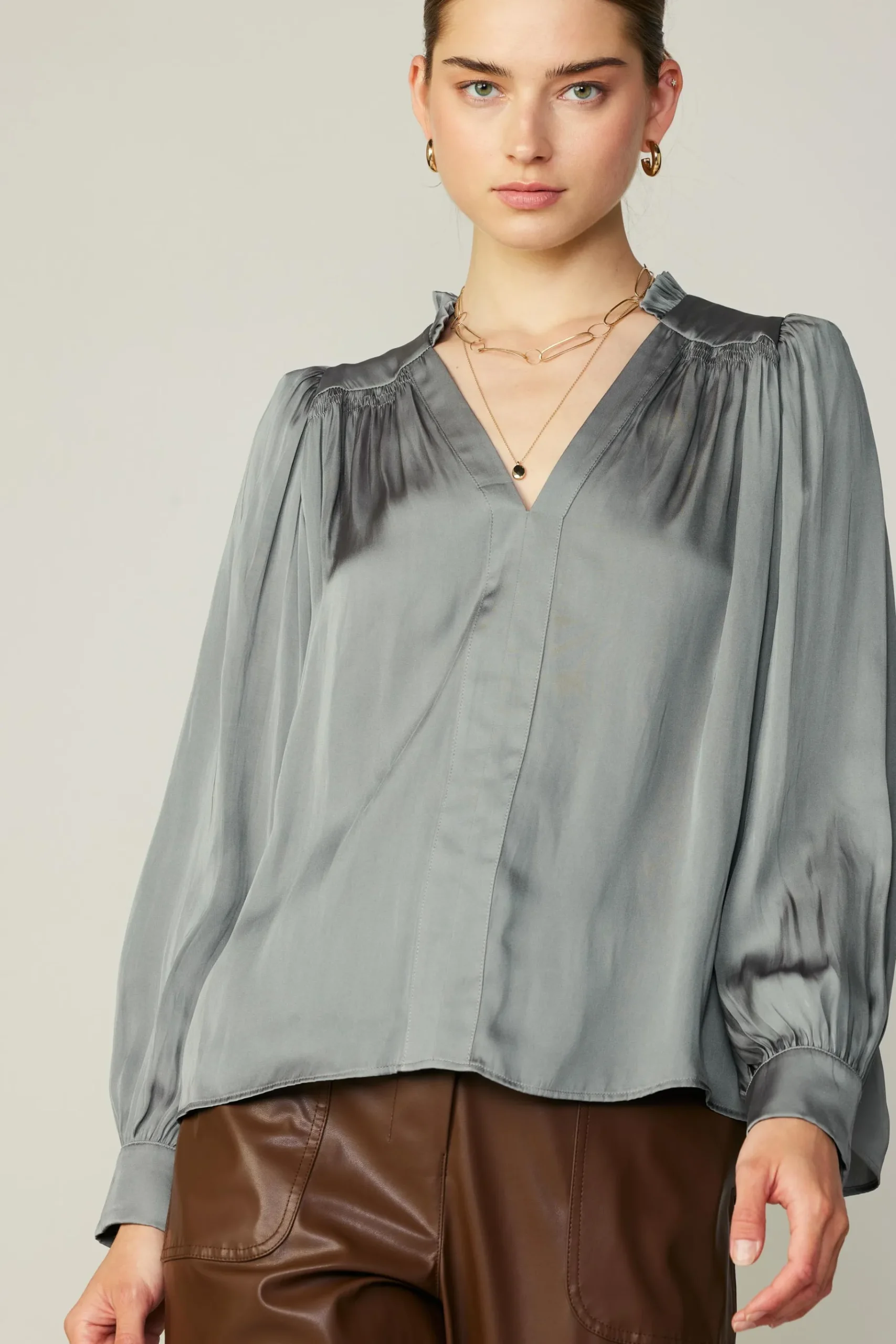 Clearance Smocked Shoulder Cuffed Blouse Women Long Sleeve Tops