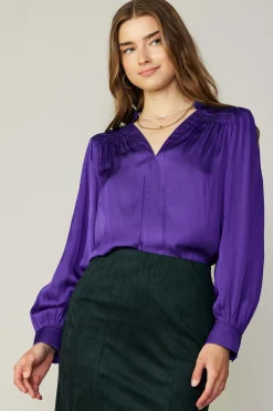 Discount Smocked Shoulder Cuffed Blouse Women Long Sleeve Tops