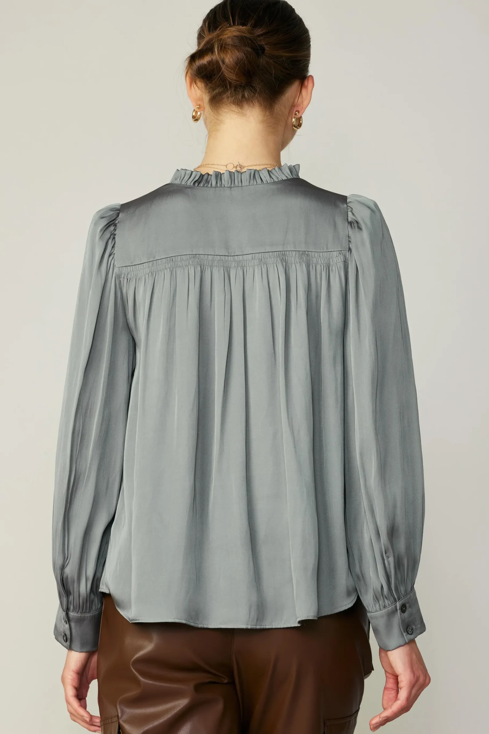 Clearance Smocked Shoulder Cuffed Blouse Women Long Sleeve Tops