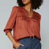 Clearance Smocked Split Neck Blouse Women Long Sleeve Tops