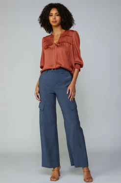 Clearance Smocked Split Neck Blouse Women Long Sleeve Tops