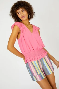 Discount Smocked Waist Cap Sleeve Top Women Sleeveless Tops