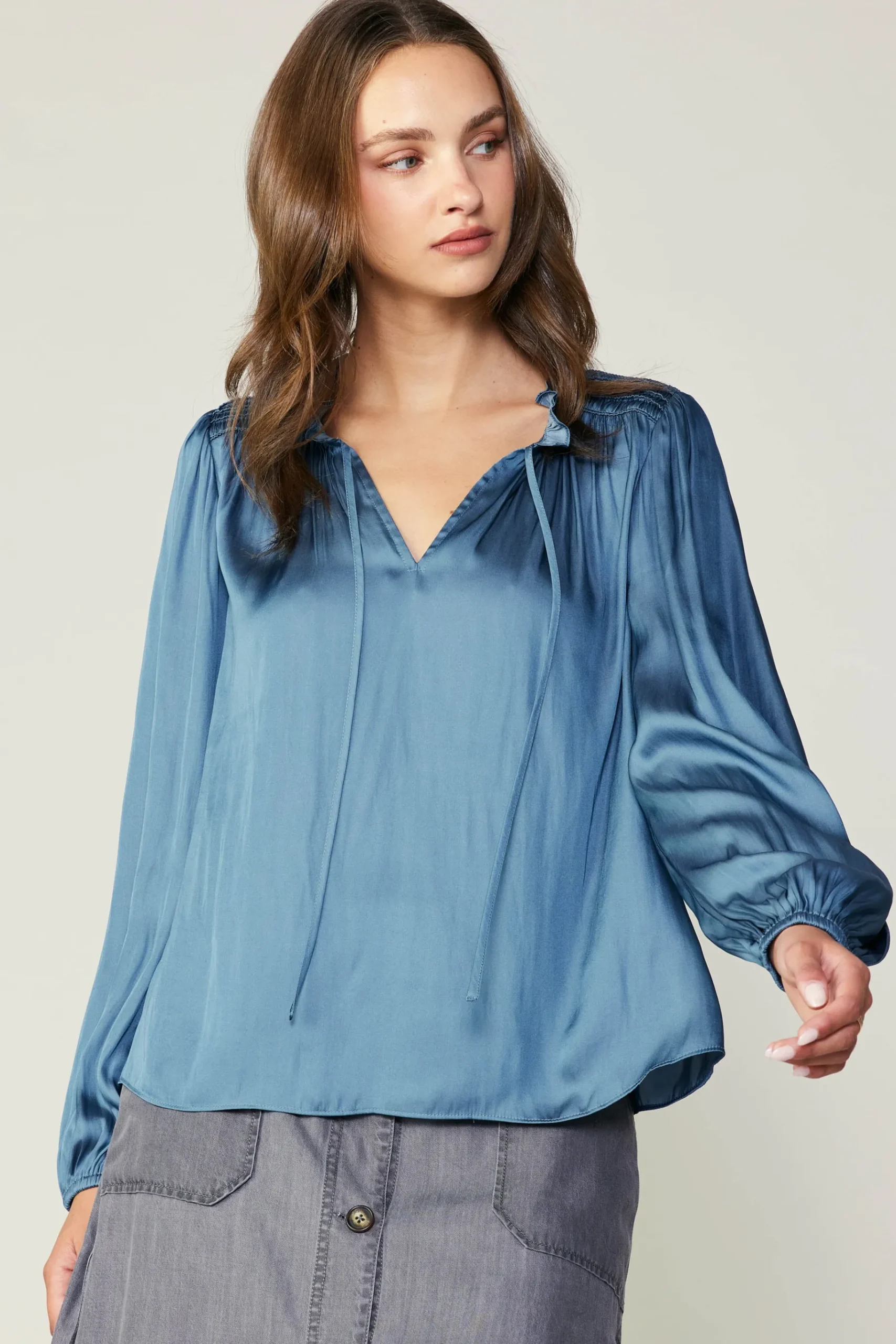 Outlet Smocked Yoke Blouse Women Long Sleeve Tops