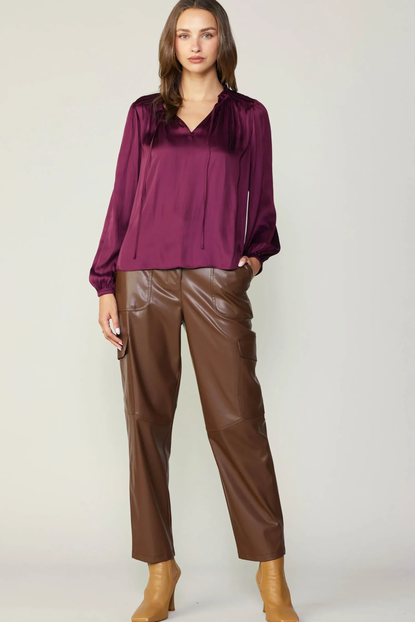New Smocked Yoke Blouse Women Long Sleeve Tops
