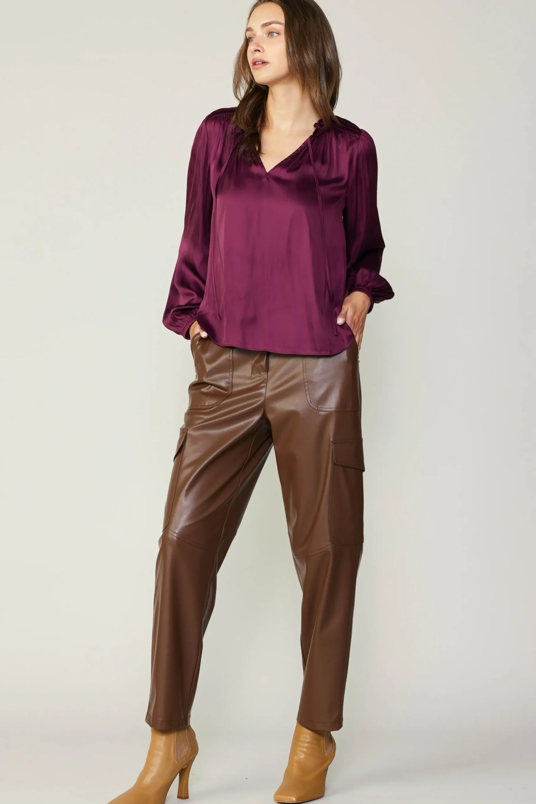 New Smocked Yoke Blouse Women Long Sleeve Tops