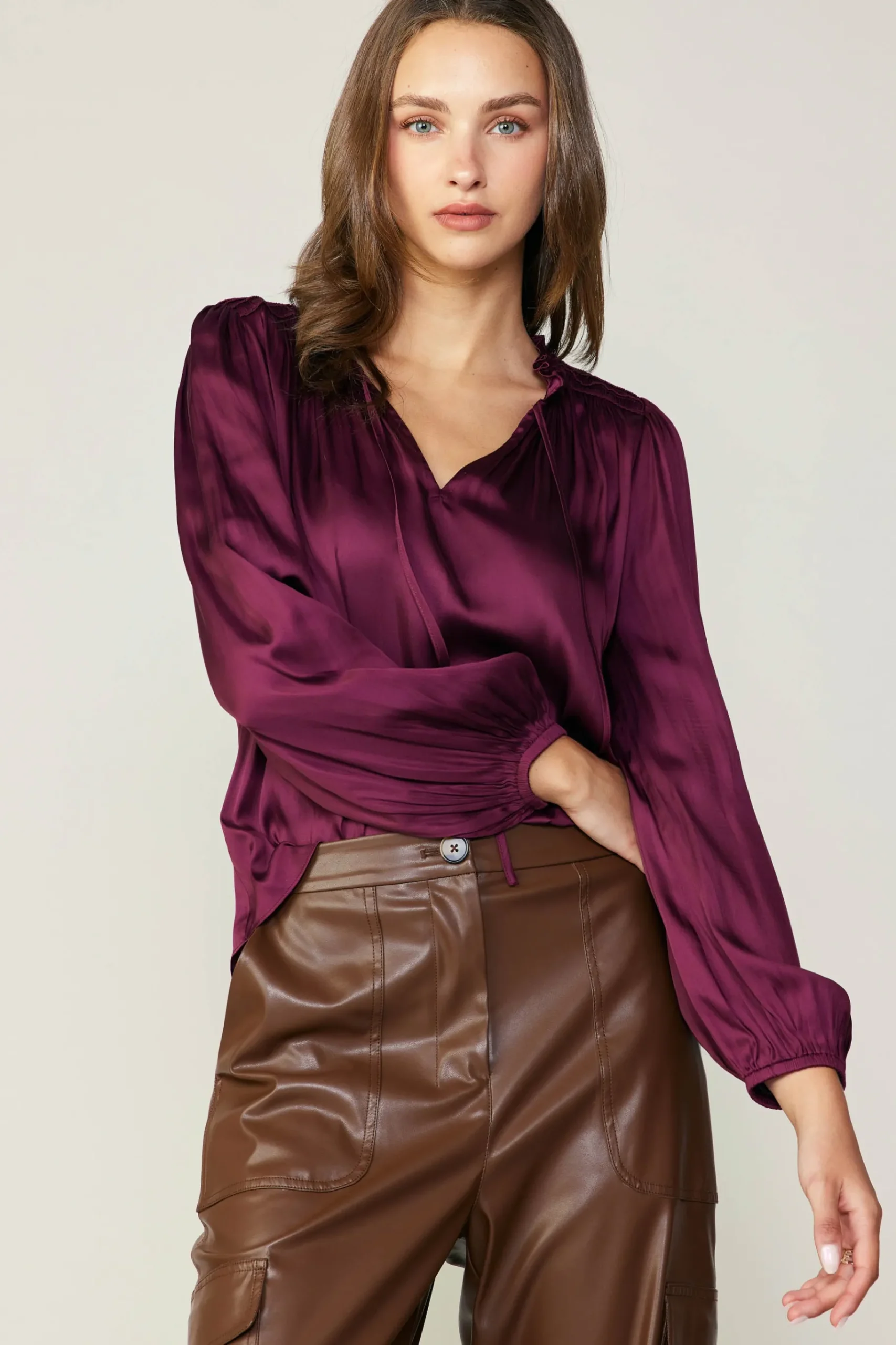 New Smocked Yoke Blouse Women Long Sleeve Tops