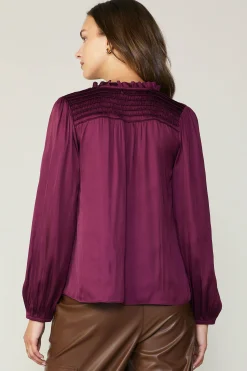 New Smocked Yoke Blouse Women Long Sleeve Tops