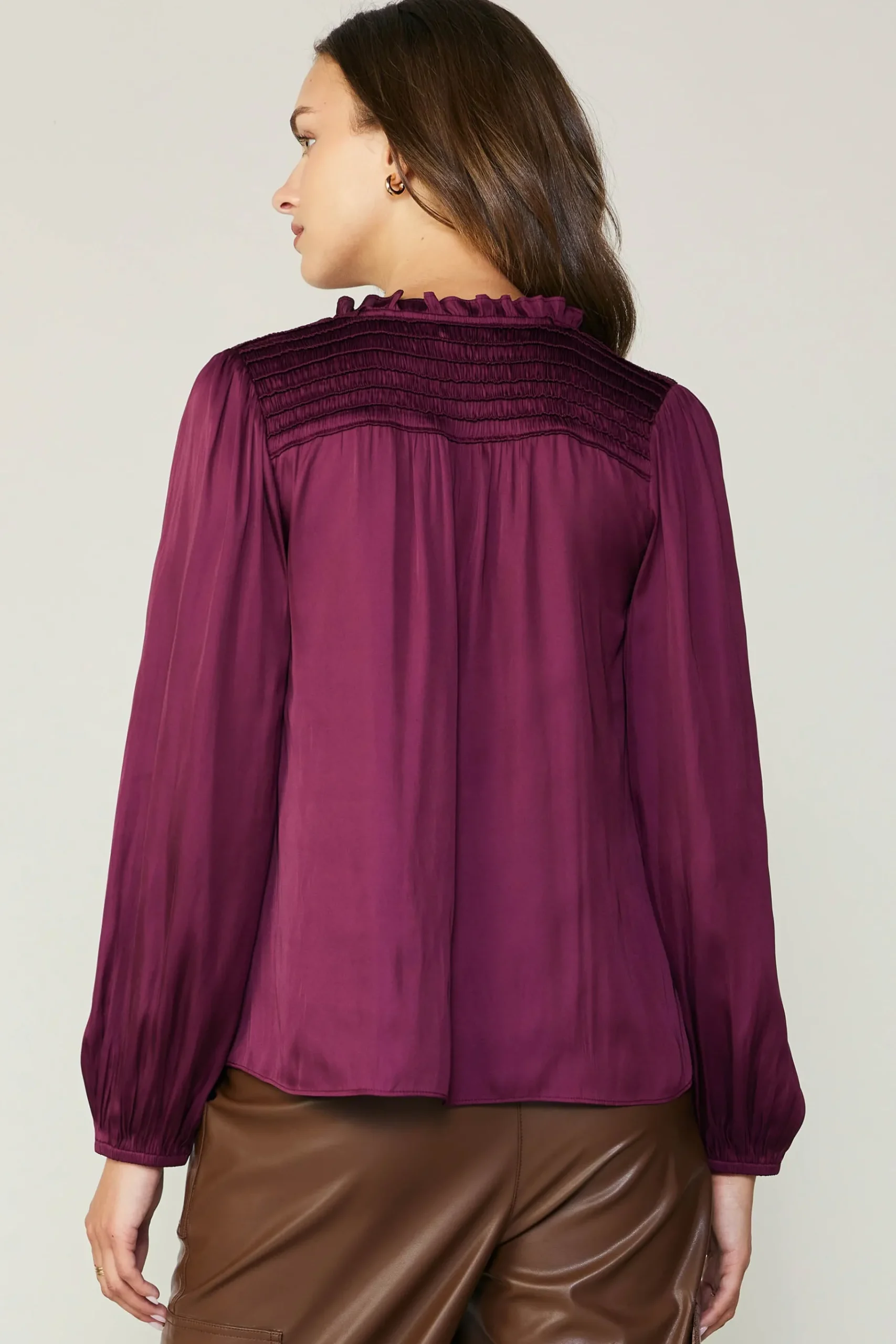 New Smocked Yoke Blouse Women Long Sleeve Tops