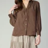 Discount Split Neck Buttoned Shirt Women Long Sleeve Tops