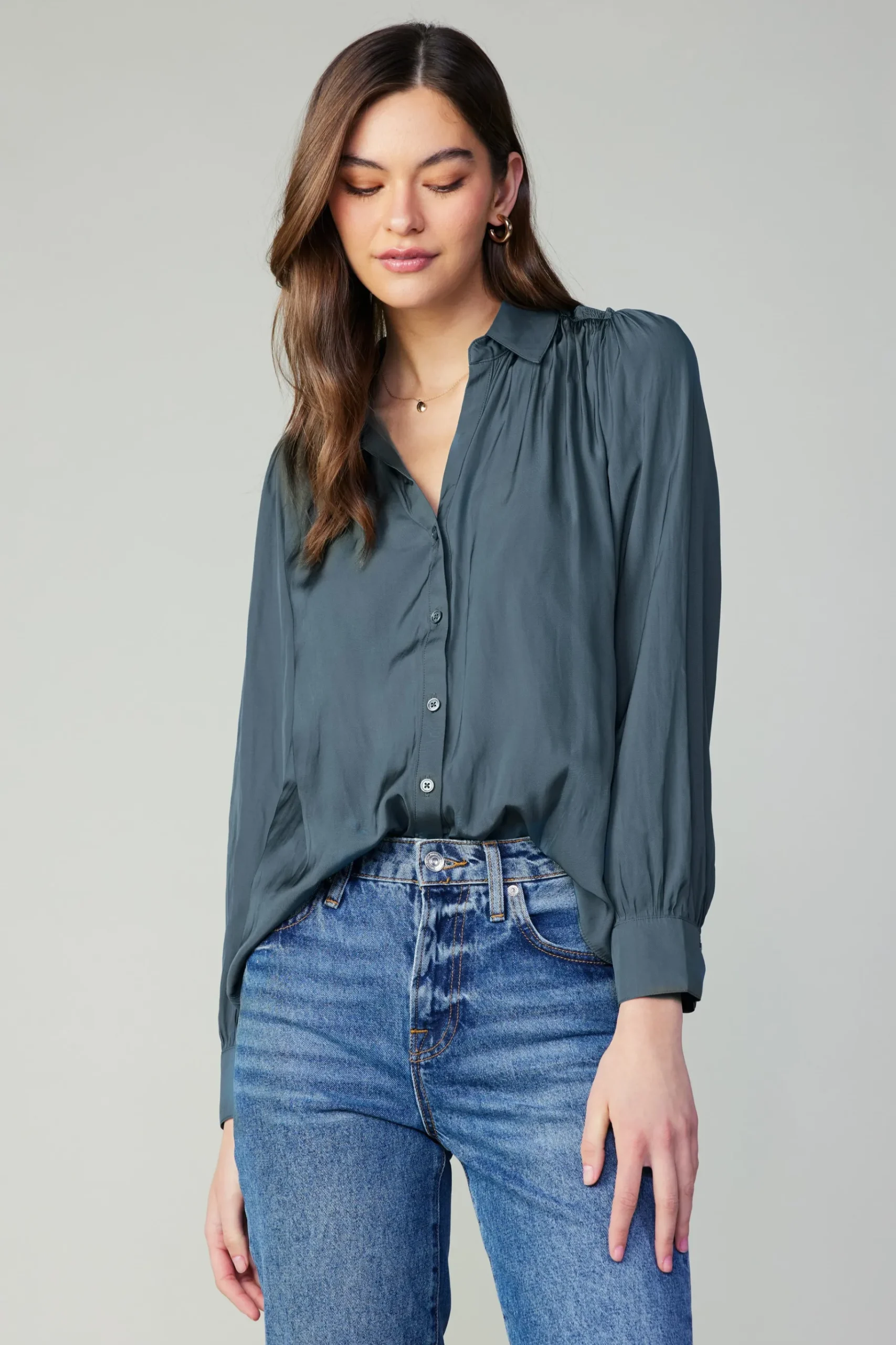 New Split Neck Buttoned Shirt Women Long Sleeve Tops