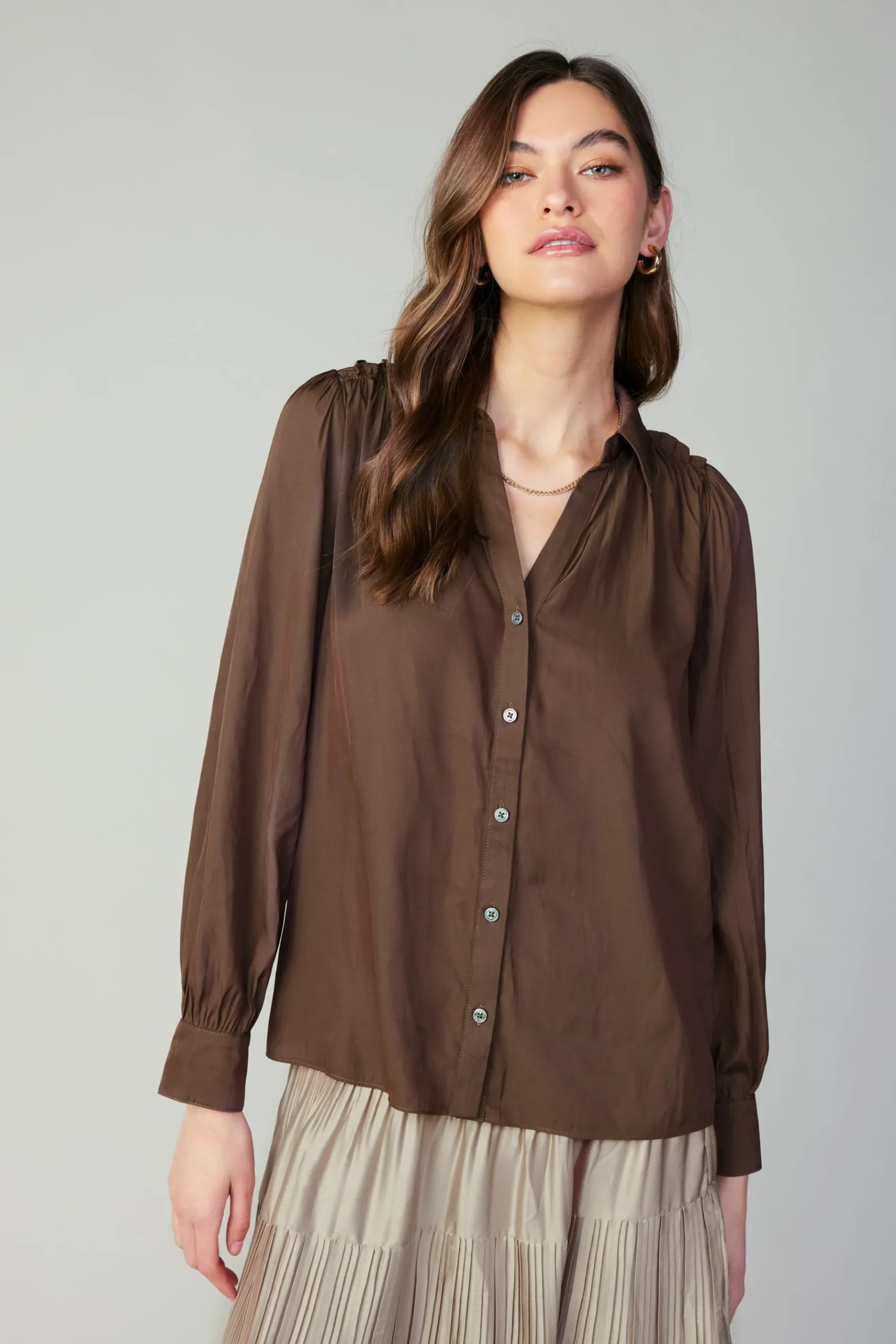 Discount Split Neck Buttoned Shirt Women Long Sleeve Tops