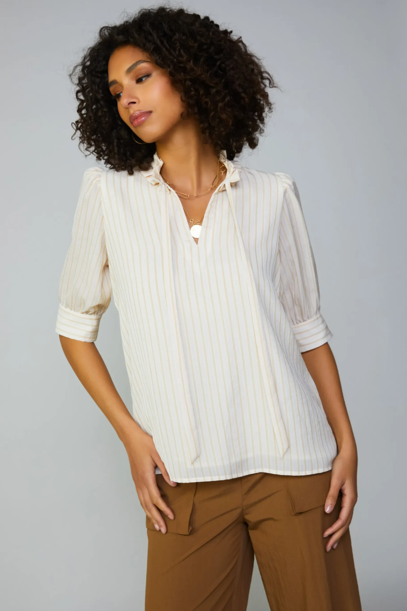 New Striped Structured Sleeve Blouse Women Short Sleeve Tops