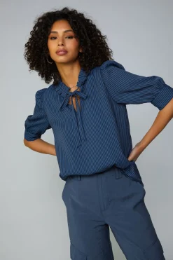 Online Striped Structured Sleeve Blouse Women Short Sleeve Tops