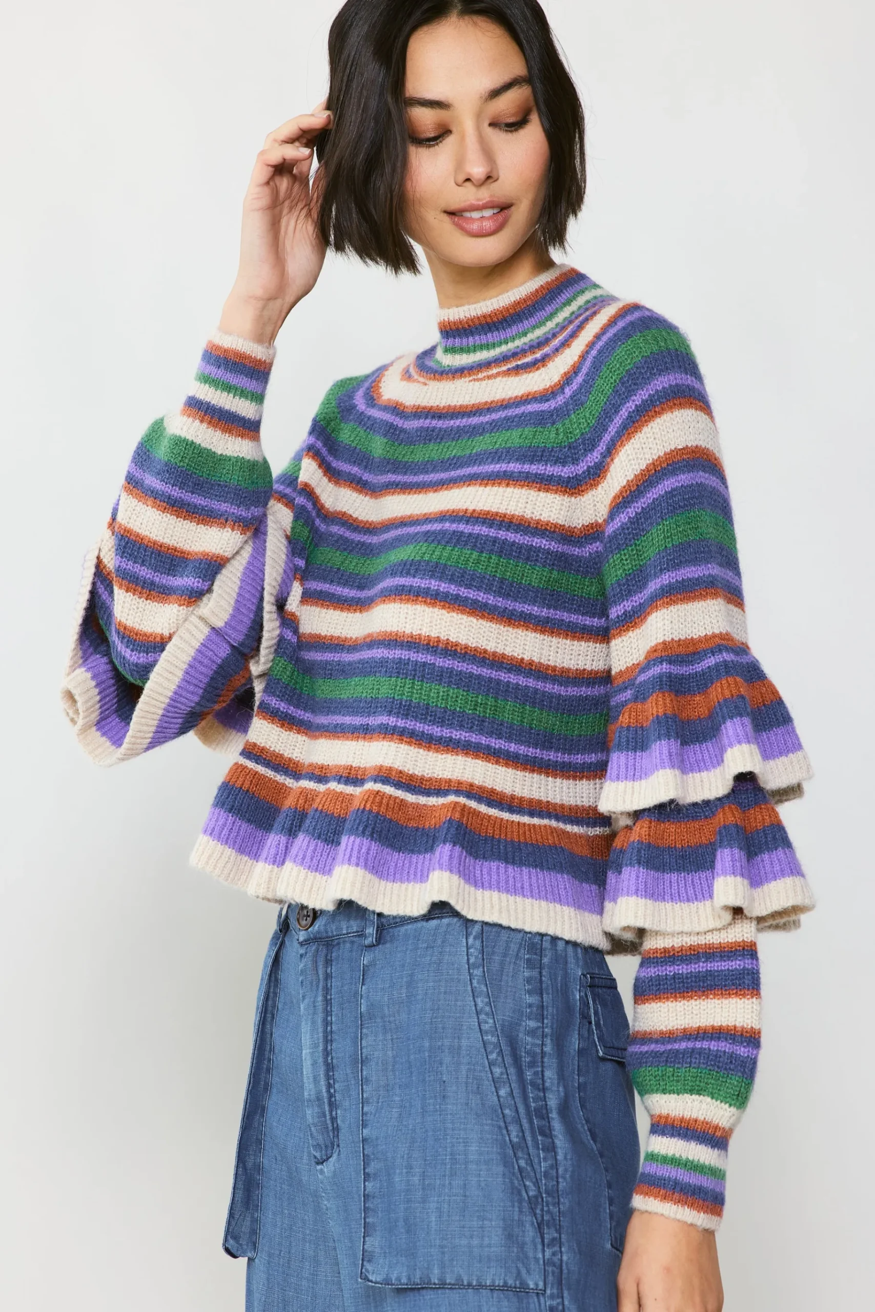 Outlet Striped Tiered Sleeve Sweater Women Sweaters