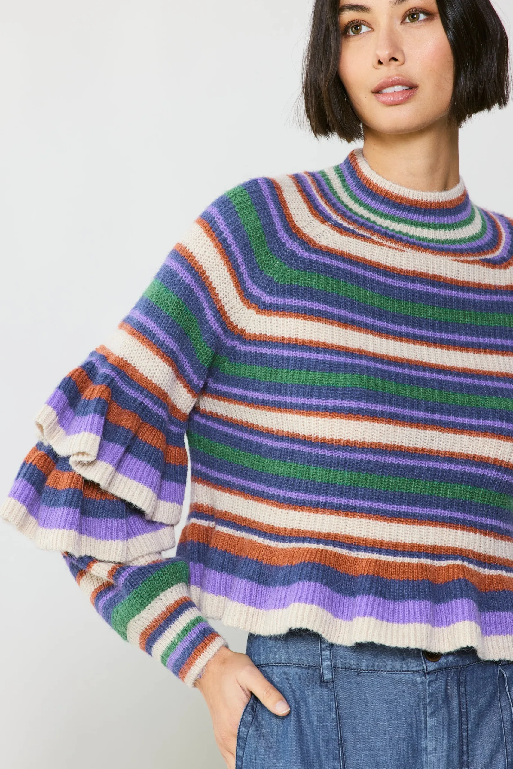 Outlet Striped Tiered Sleeve Sweater Women Sweaters