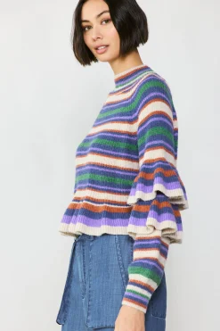 Outlet Striped Tiered Sleeve Sweater Women Sweaters