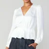 Online Surplice Peplum Blouse Women Long Sleeve Tops