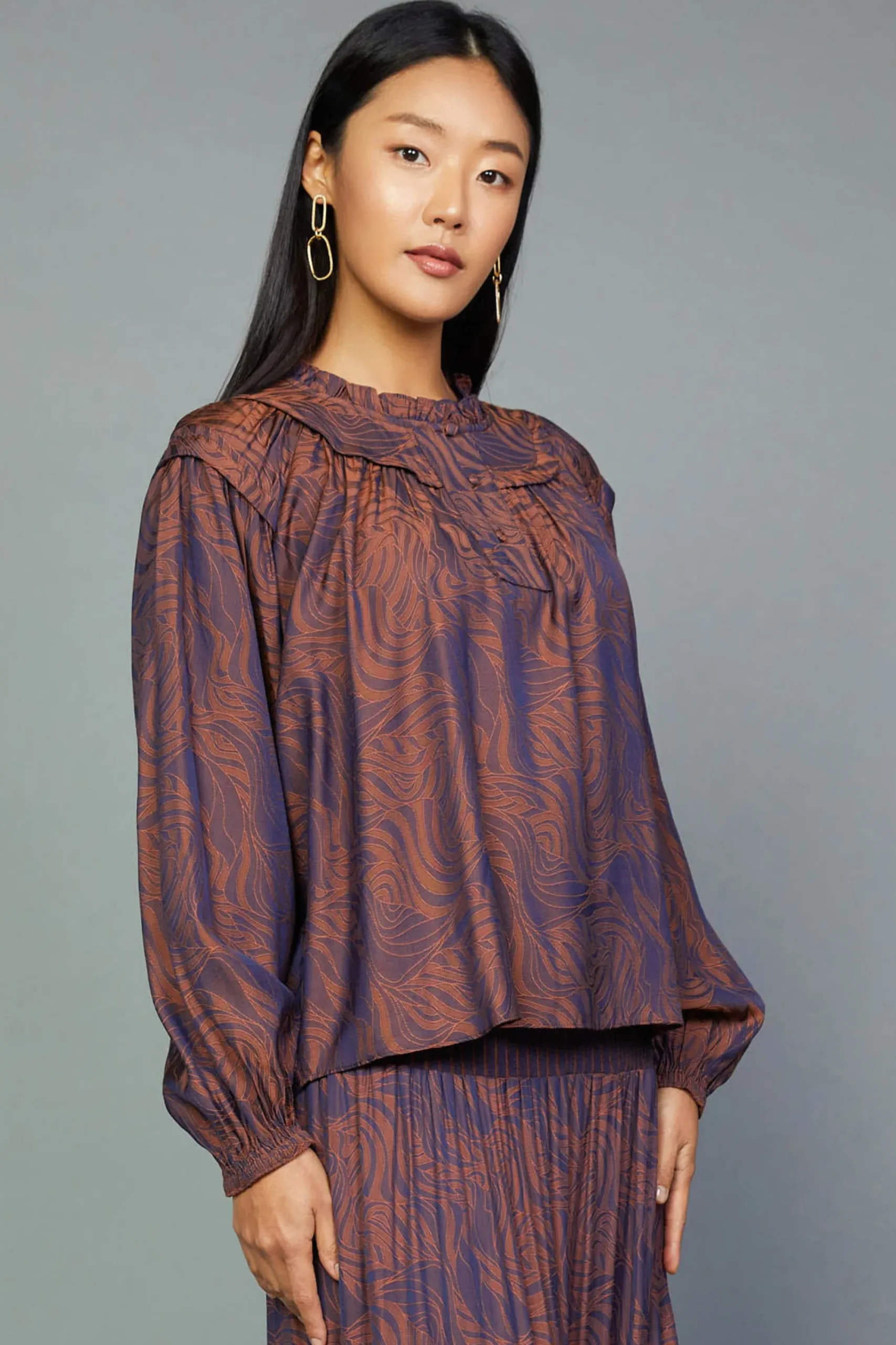 Clearance Swirl Motif Blouse Women Long Sleeve Tops