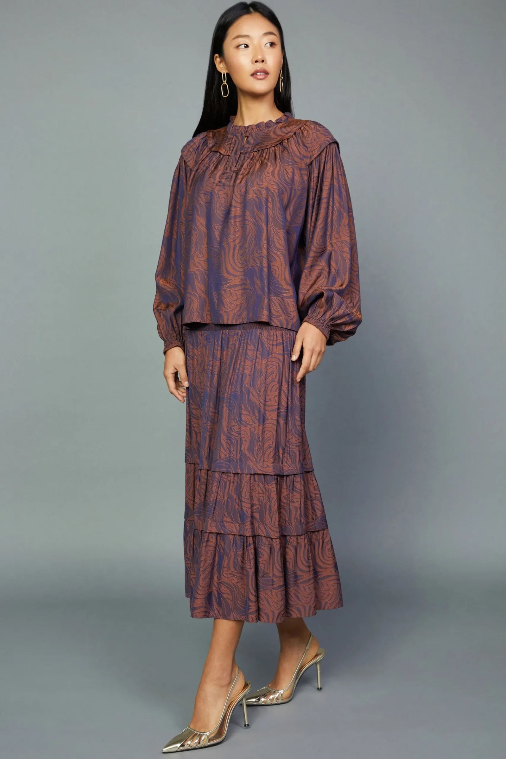 Clearance Swirl Motif Blouse Women Long Sleeve Tops
