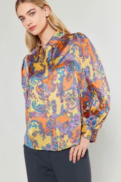 Discount Tonal Paisley Pleated Shirt Women Long Sleeve Tops