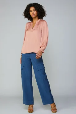 Outlet Top Stitch Placket Blouse Women Long Sleeve Tops