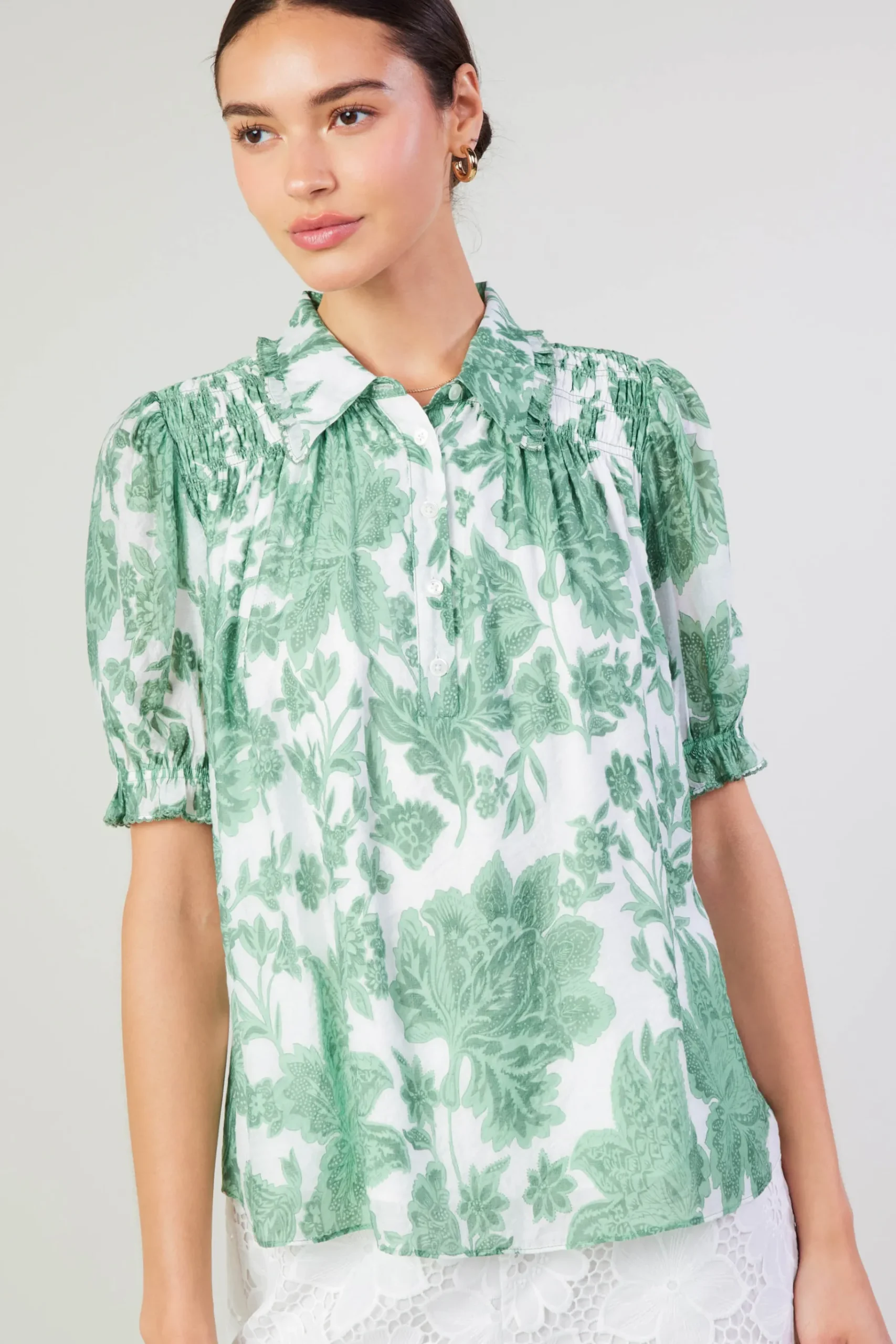 Hot Tulip Jacquard Blouse Women Short Sleeve Tops