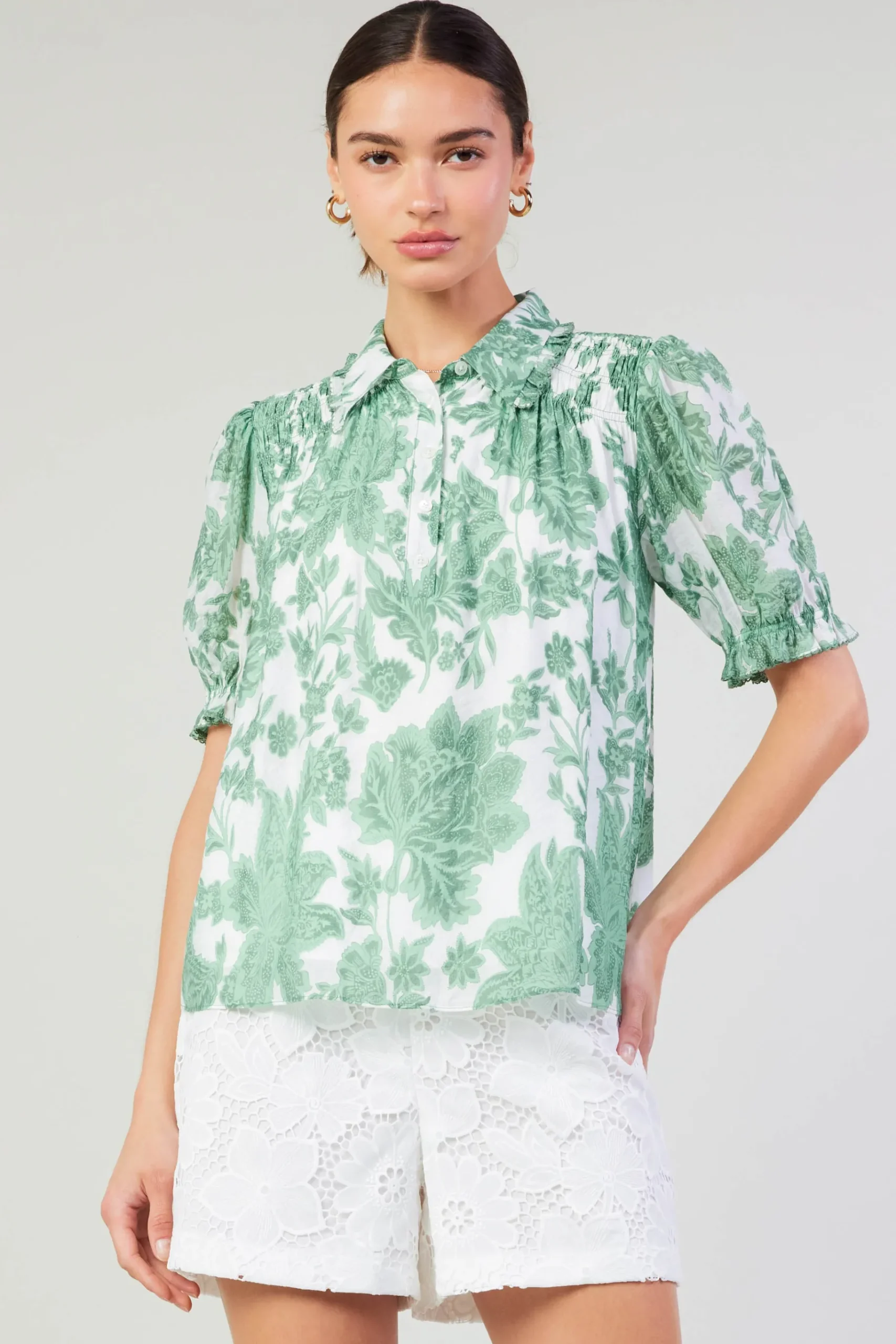 Hot Tulip Jacquard Blouse Women Short Sleeve Tops