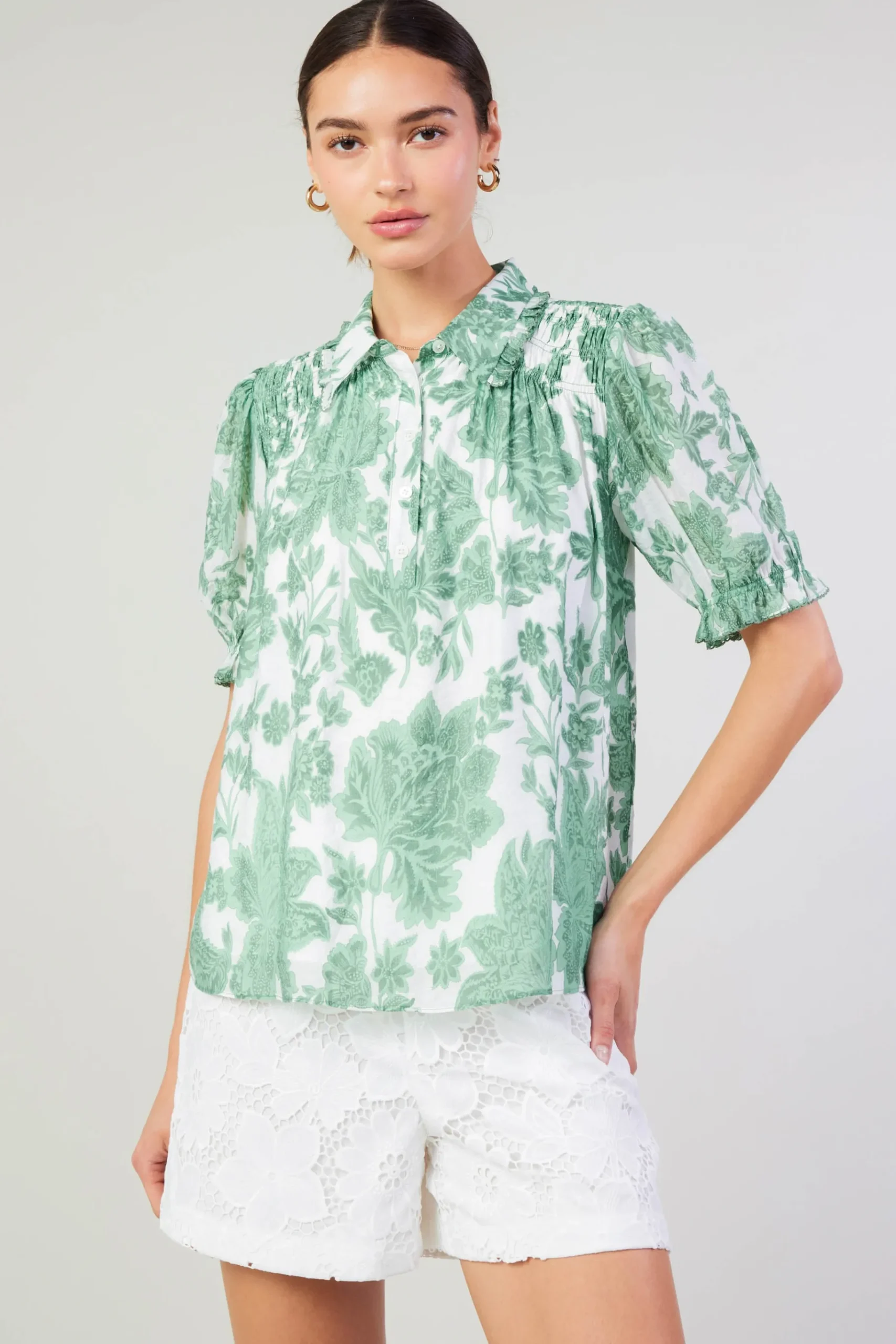 Hot Tulip Jacquard Blouse Women Short Sleeve Tops