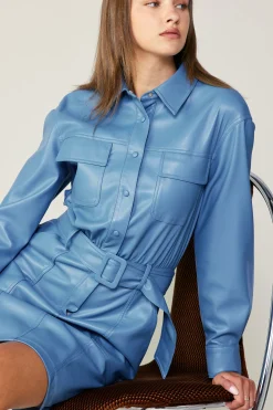 Fashion Vegan Leather Belted Shirt Dress Women Mini Dresses