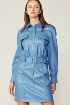 Fashion Vegan Leather Belted Shirt Dress Women Mini Dresses