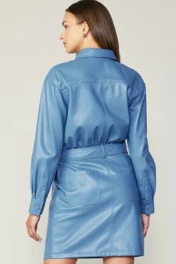 Fashion Vegan Leather Belted Shirt Dress Women Mini Dresses