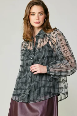 Sale Windowpane Plaid Sheer Blouse Women Long Sleeve Tops