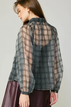 Sale Windowpane Plaid Sheer Blouse Women Long Sleeve Tops