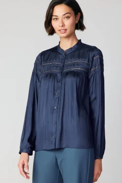 Hot Yoke Lace Blouse Women Long Sleeve Tops